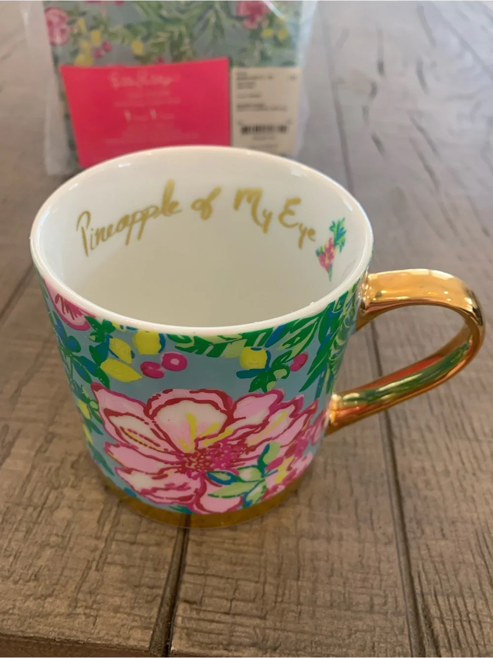 NWT—-Set of 2 Lilly Pulitzer Seasalt Blue Fruity Flamingo Mugs with Gold Handle